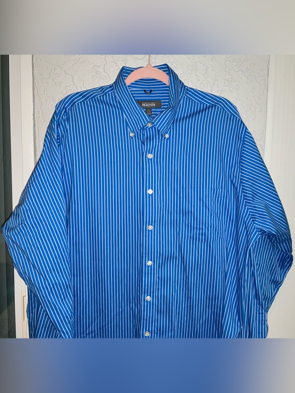 Kenneth Cole Reaction Regular Fit Blue and White Vertical Stripe Dress Shirt - Picture 2 of 9
